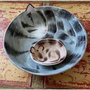 VINTAGE Popular Gray Black Tabby Stripe Cat Kitten Chip & Dip Mouse Party Dish